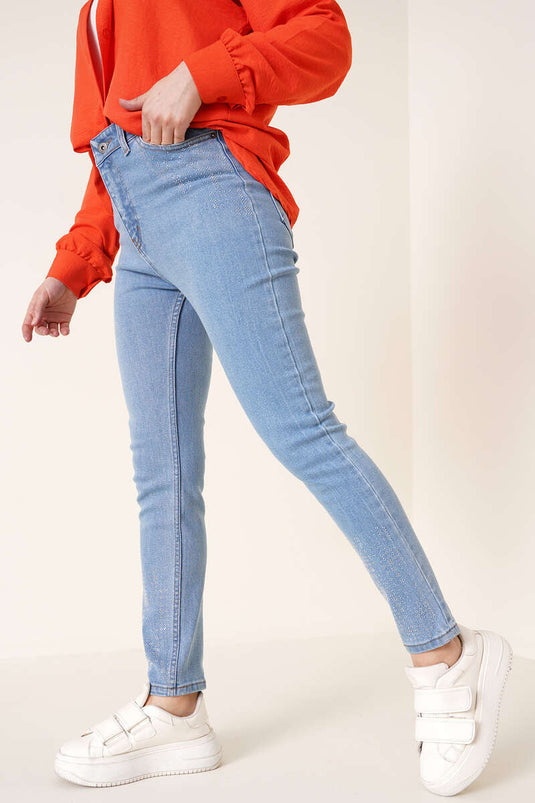 Pantalon en jean skinny avec poches pierreuses, denim clair