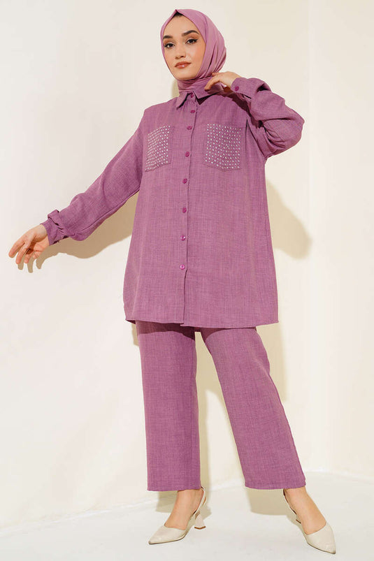 Costume en lin à poches ornées de pierres, rose poudré