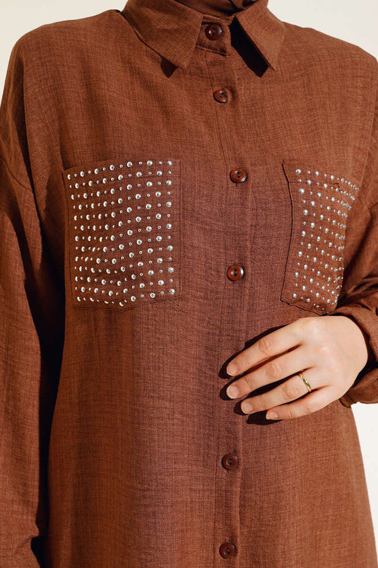 Costume en lin marron avec poches à pierres