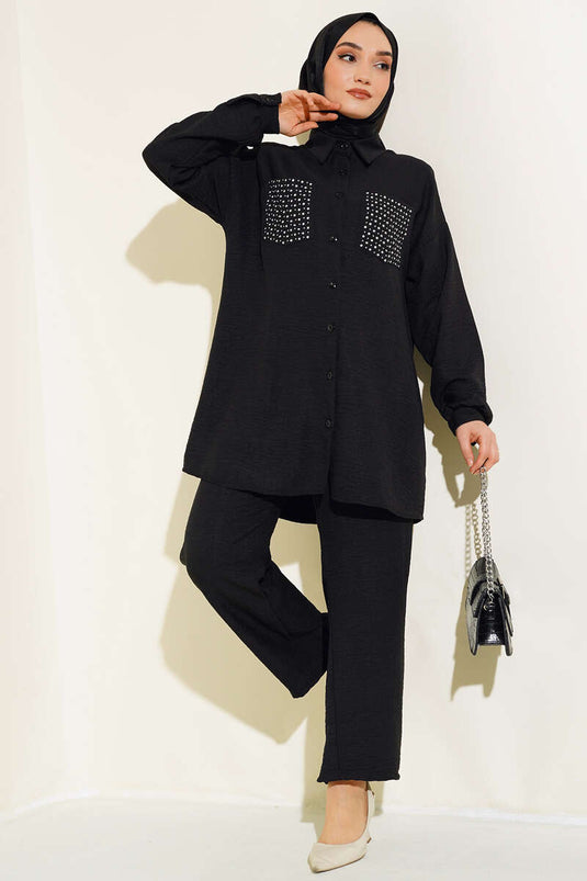 Costume en lin noir avec poches ornées de pierres