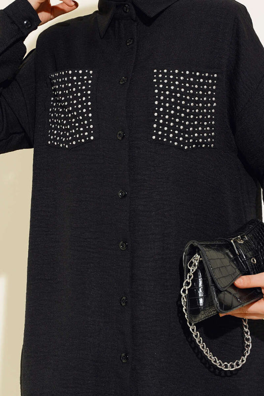 Costume en lin noir avec poches ornées de pierres