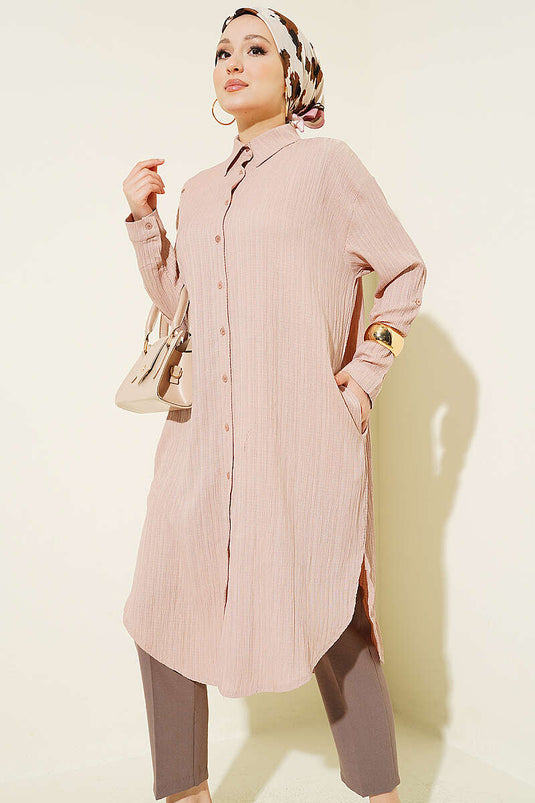 Chemise longue ample à poches en écorce d'arbre beige