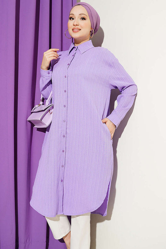Chemise longue ample à poches en écorce d'arbre lilas