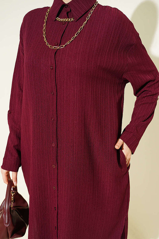 Chemise longue ample à poches en écorce d'arbre couleur prune