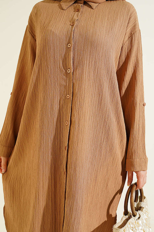 Chemise longue ample à poches en écorce d'arbre couleur vison