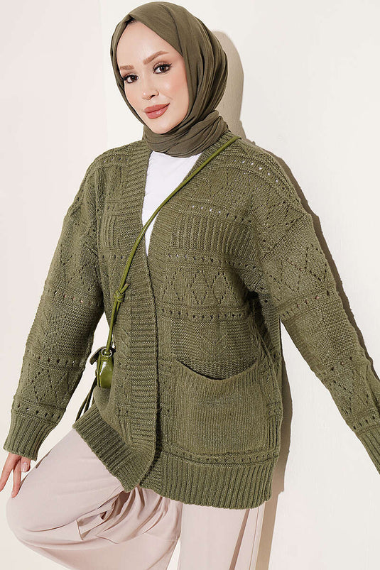 Kaki Strickjacke Mit Taschen