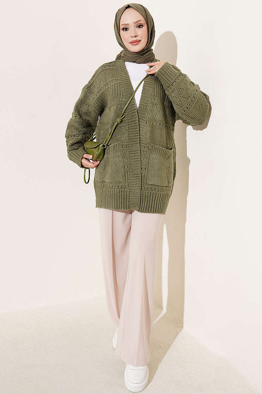 Kaki Strickjacke Mit Taschen