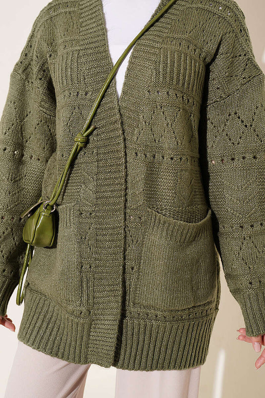 Kaki Strickjacke Mit Taschen