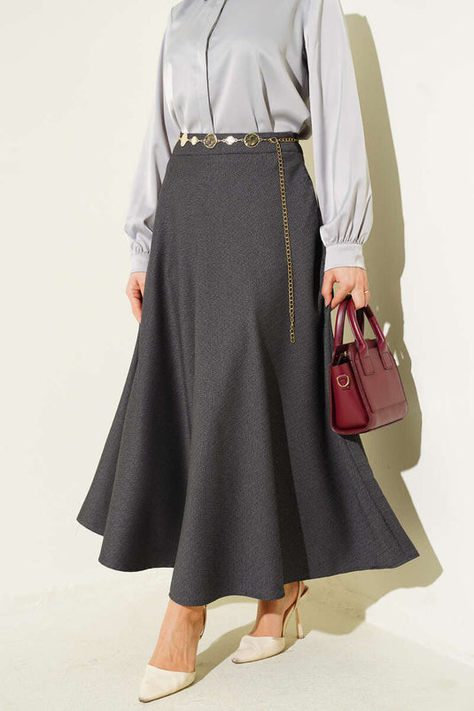 Pleated Herringbone Pattern Flared Skirt Smoke Gray
