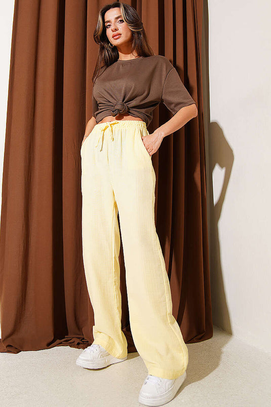 Muslin Pants with Pocket and Elastic Waistband Yellow
