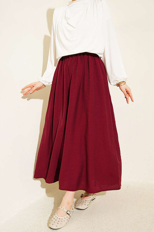 Basic Skirt with Elastic Waist and Pockets, Burgundy