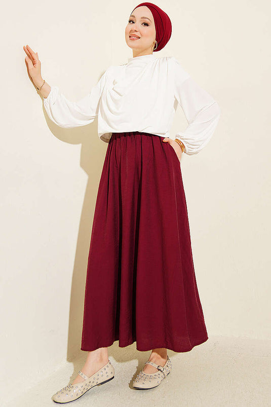Basic Skirt with Elastic Waist and Pockets, Burgundy
