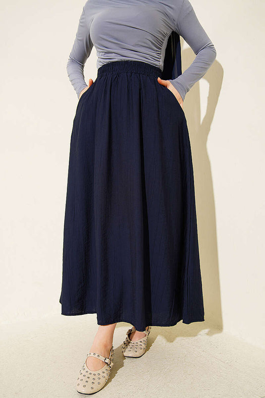 Basic Skirt with Elastic Waist and Pockets, Navy Blue