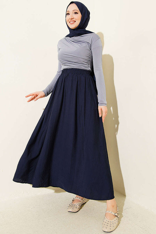 Basic Skirt with Elastic Waist and Pockets, Navy Blue