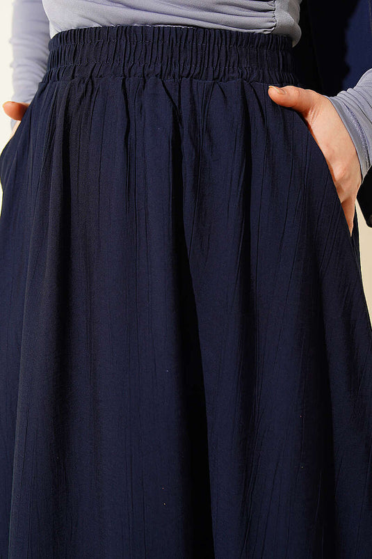 Basic Skirt with Elastic Waist and Pockets, Navy Blue