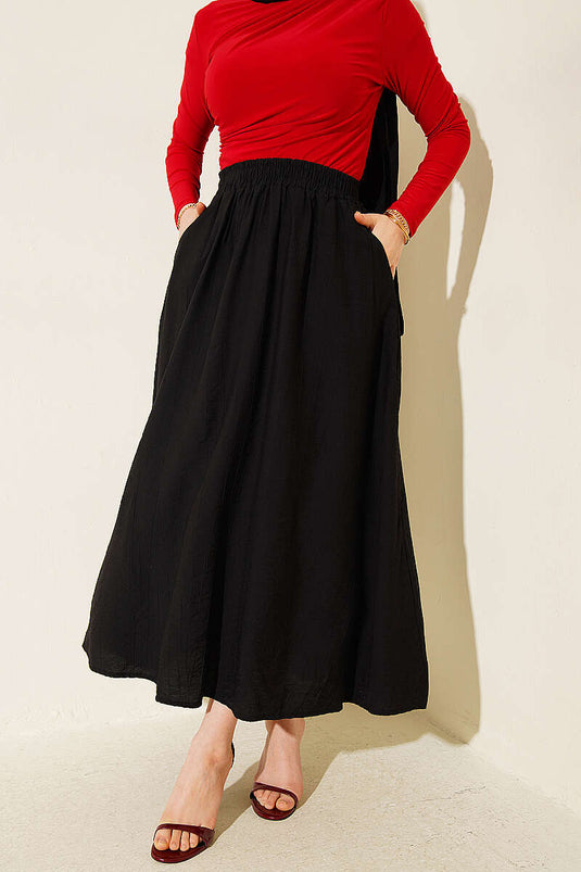 Basic Skirt with Elastic Waist and Pockets Black