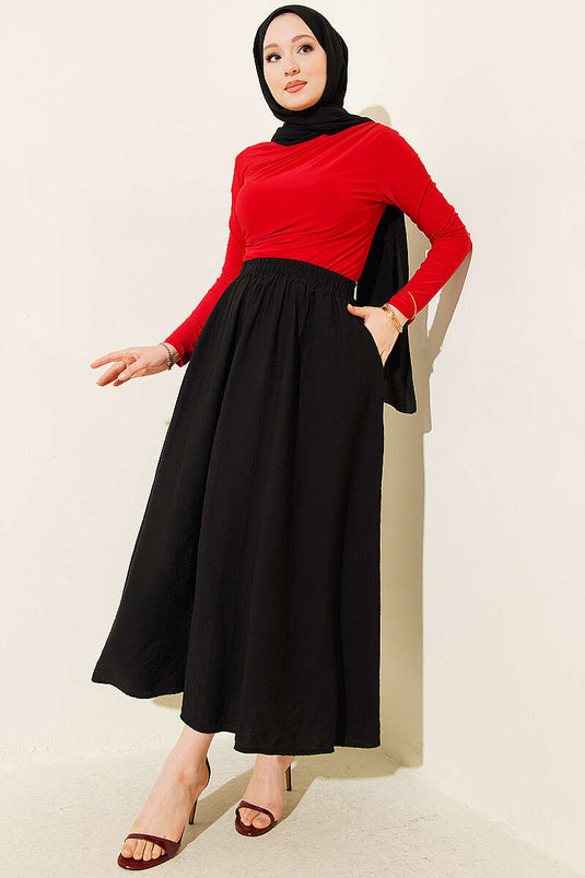 Basic Skirt with Elastic Waist and Pockets Black