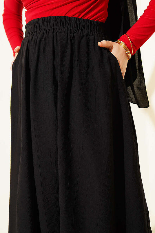 Basic Skirt with Elastic Waist and Pockets Black