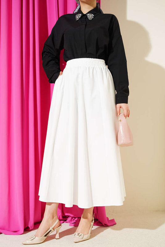 Plain Skirt with Elastic Waist and Pockets White