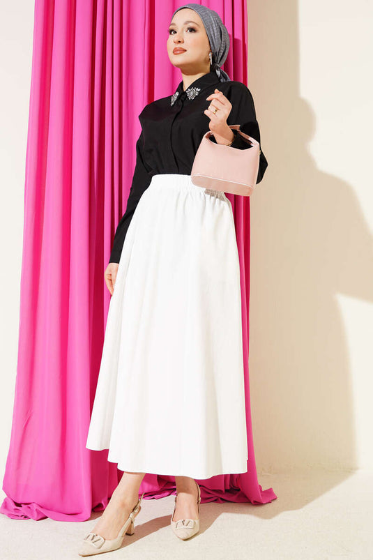 Plain Skirt with Elastic Waist and Pockets White