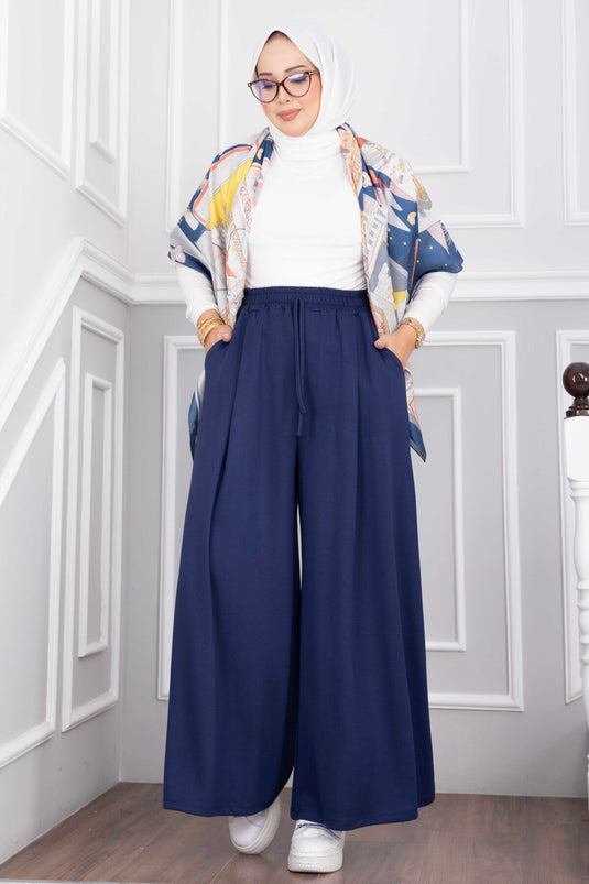 Navy Blue Pocketed Elastic Waist Skirt Pants
