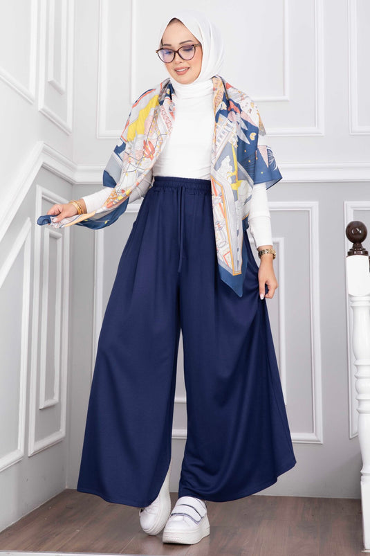 Navy Blauw Met Zakken Elastische Taille Rok Broek