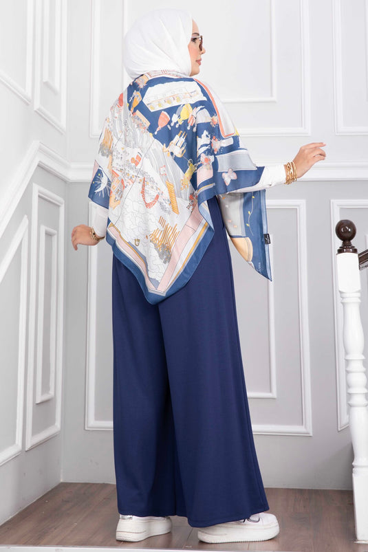 Navy Blue Pocketed Elastic Waist Skirt Pants