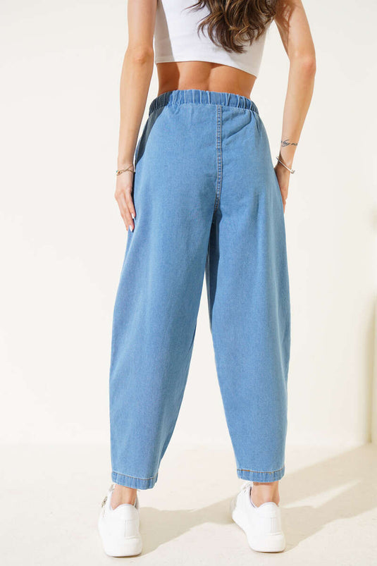 Elastic Waist Trousers with Pockets Light Blue