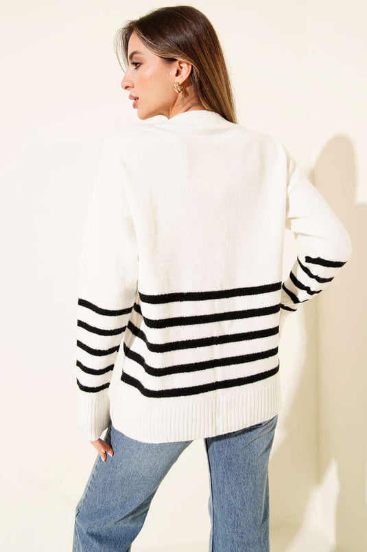 Pocketed Striped Detail Knitted Cardigan, Ecru