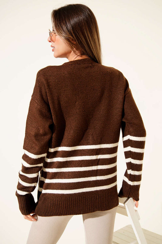 Pocketed Striped Detail Knitted Cardigan, Brown