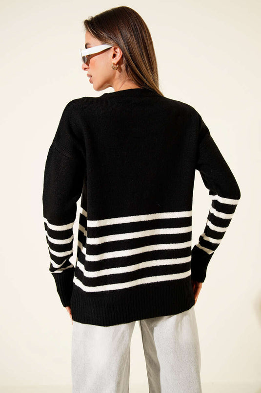 Pocketed Striped Detail Knitted Cardigan, Black