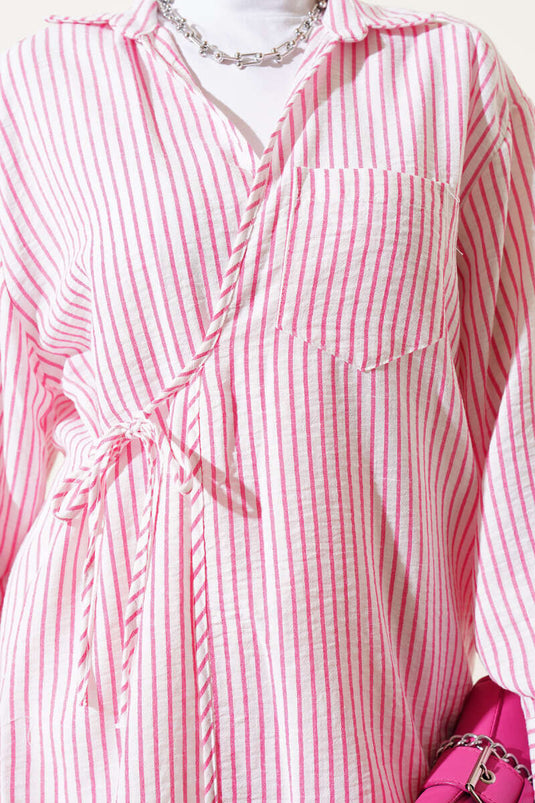 Pocket Striped Side Tie Kimono Fuchsia