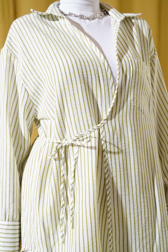 Pocket Striped Side Tie Kimono Khaki