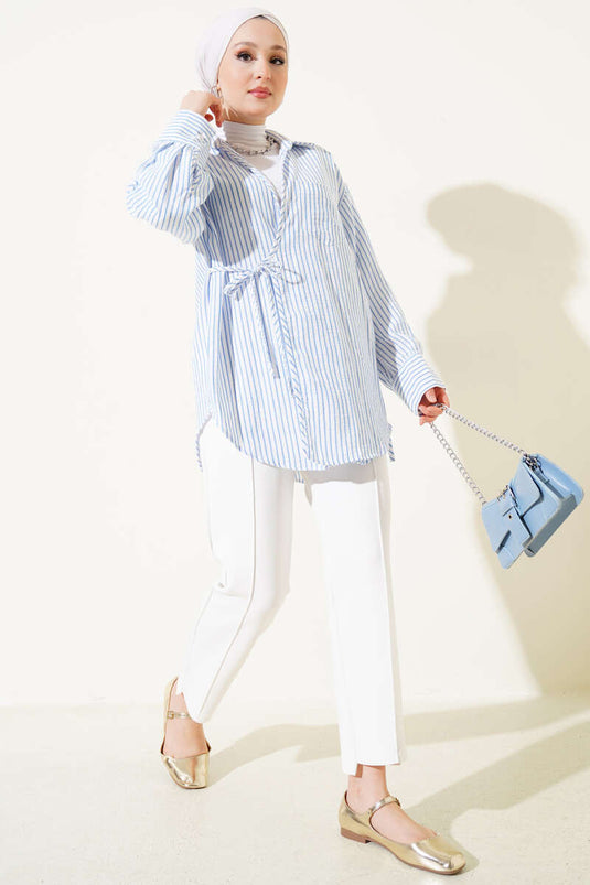 Pocket Striped Side Tie Kimono Indigo