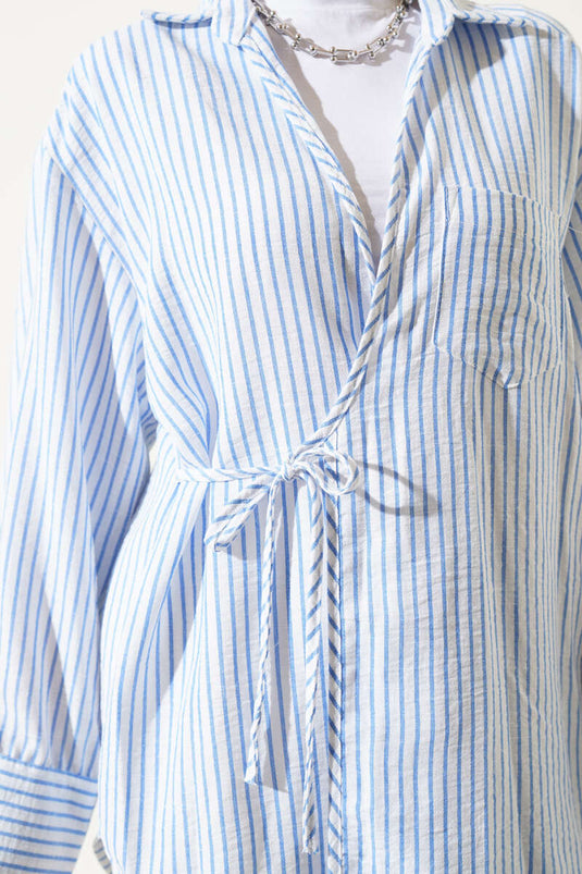 Pocket Striped Side Tie Kimono Indigo