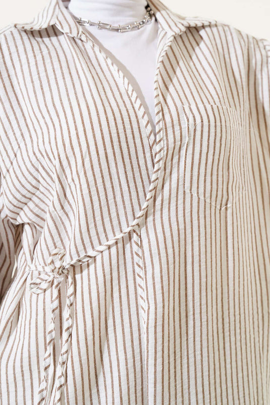 Pocket Striped Side Tie Kimono Brown