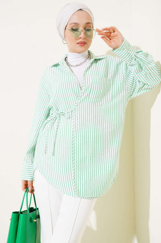 Pocket Striped Side Tie Kimono Green