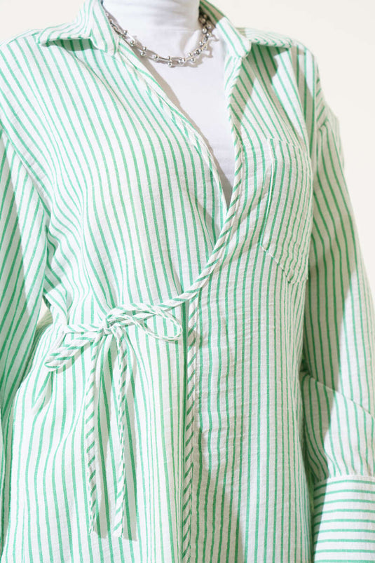 Pocket Striped Side Tie Kimono Green