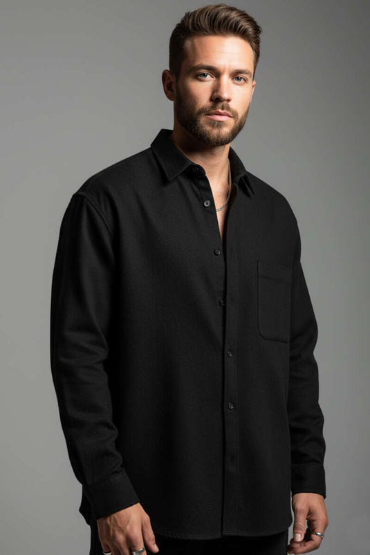 Cotton Men's Shirt with Pockets, Black