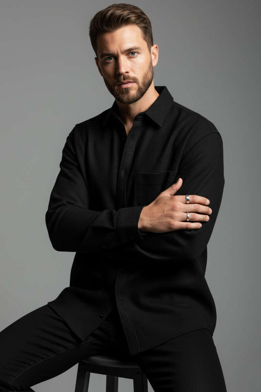 Cotton Men's Shirt with Pockets, Black