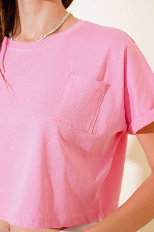 T-shirt corta a doppia manica con tasca Rosa