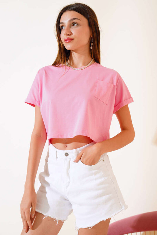 Cepli Duble Kol Kısa T-shirt Pembe