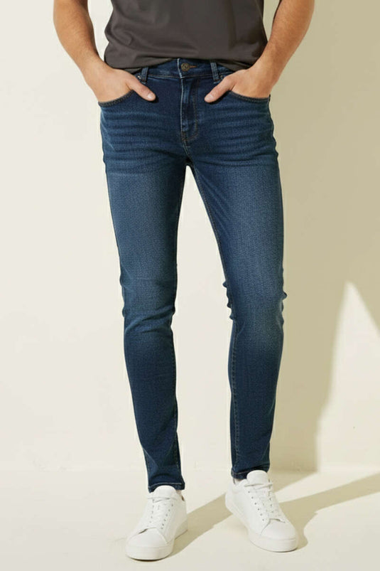 Buttoned Pocket Stretch Men's Denim Trousers Dark Blue