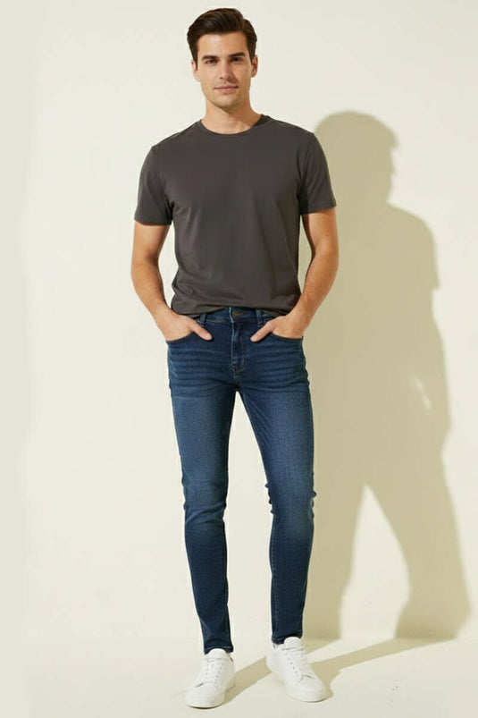 Buttoned Pocket Stretch Men's Denim Trousers Dark Blue