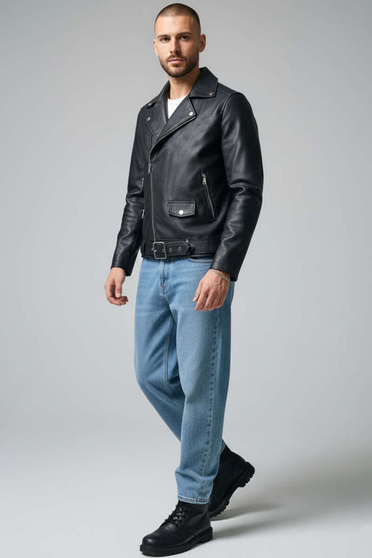 جاكيت جلد أسود مزود بجيوب وسحاب