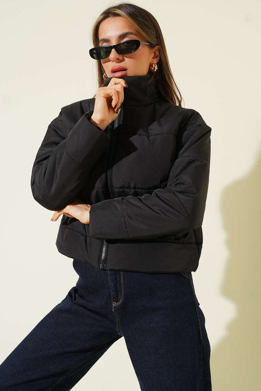 Short Padded Jacket with Pocket Zipper Black