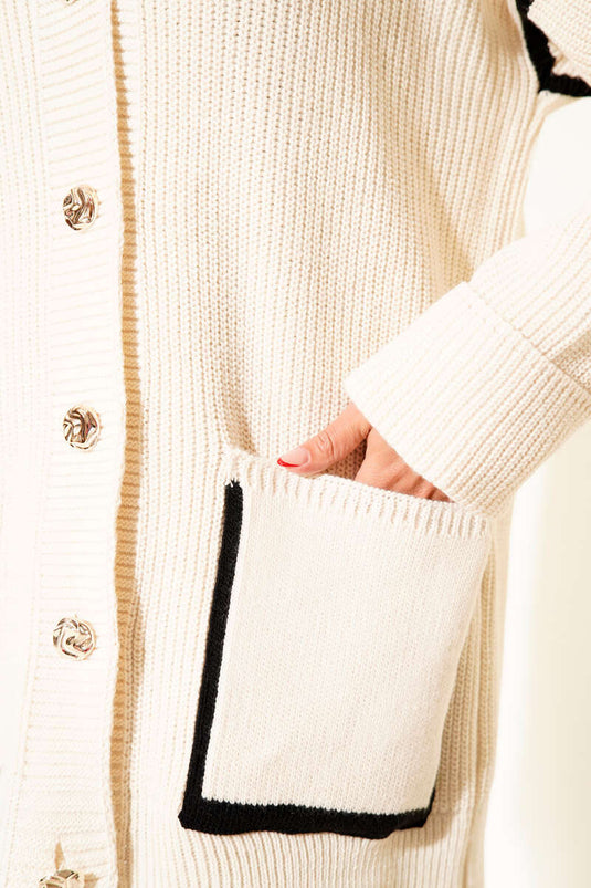 Beige Knitted Cardigan with Gold Buttons and Pockets