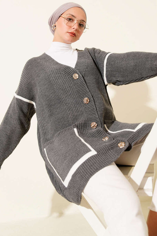 Cepli Gold Düğmeli Triko Hırka Füme