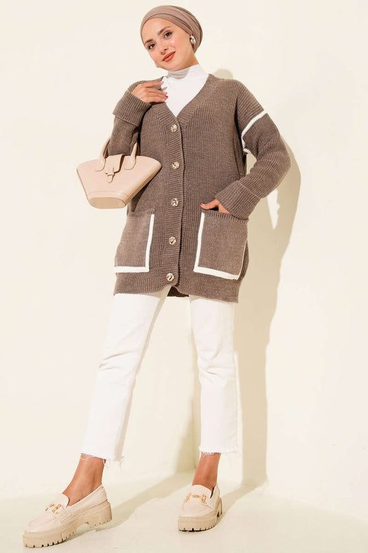 Gold Buttoned Knitted Cardigan with Pockets and Mink