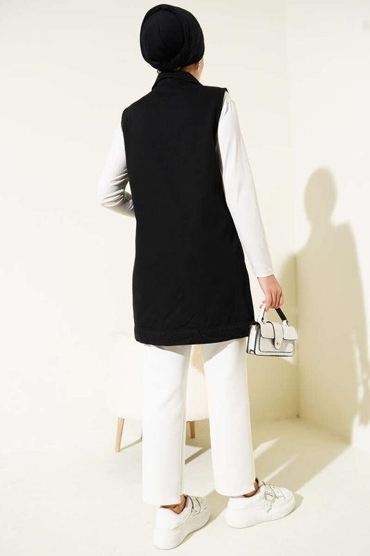 Cepli Kapaklı Kot Yelek Siyah